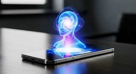 Holographic Human Head Appears on Smartphone Screen Depicting Artificial Intelligence and Digital Technology Interface