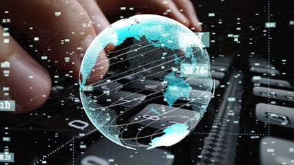 Illustration of a digital globe overlay on a keyboard, symbolizing global connectivity and data analysis. This scene reflects modern technology and communication trends. Xenic