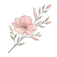 Soft pink hand-drawn floral illustration with delicate petals and green leaves on a dark background.