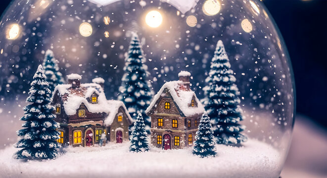 Miniature Winter Village Inside Snow Globe with Tiny Houses and Evergreen Trees Covered in Snow Festive Home Decoration