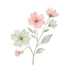 Soft pink hand-drawn floral illustration with delicate petals and green leaves on a dark background.