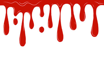 A red dripping liquid that resembles paint, syrup, or blood, isolated on a white background. This realistic dripping effect represents fluid motion, creativity, or danger, suitable for design elements