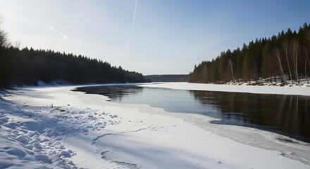 A winter landscape featuring a partially frozen river surrounded by snow covered banks and trees ai generated