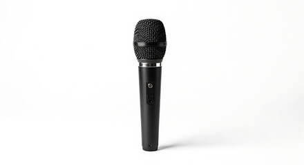A single black microphone stands vertically centered against a white background studio shot ai generated