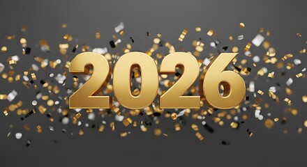 Golden 2026 new year with confetti on a gray background, symbolizing the upcoming year and future celebrations with festive design