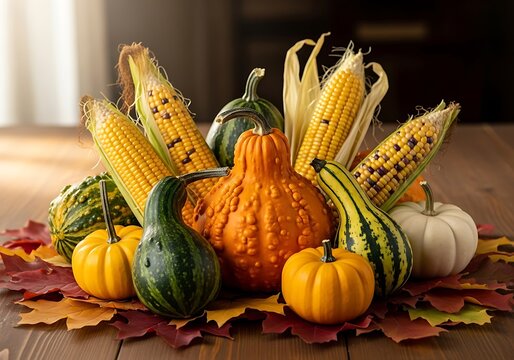 A bountiful harvest arrangement featuring ripe corn on the cob, various gourds, and colorful autumn leaves on a wooden surface.