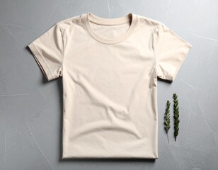 Folded beige t-shirt on gray table, fashion flat lay simplicity