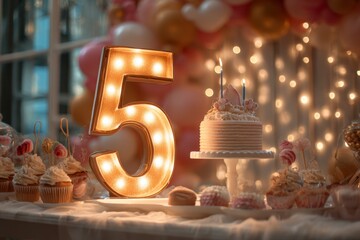 Festive Birthday Celebration With Cake And Decorative Number Five
