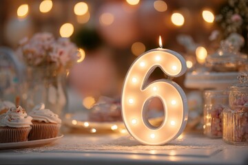 Elegant Birthday Celebration with Lighted Number Six Candle