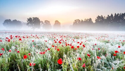 Misty meadow ablaze with vibrant red flowers, sunrise in the background