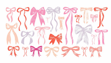 Colorful hand-drawn bow illustrations Delicate ribbons in various shapes and shades for design projects