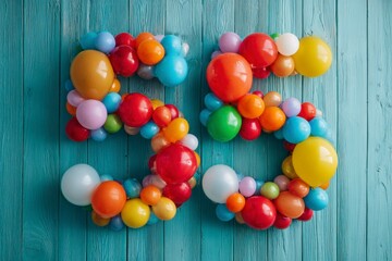 Obraz premium Colorful Balloon Arrangement Forming Number Fifty-Five on Wood