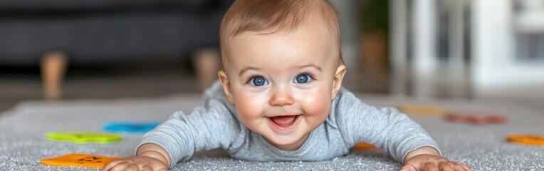 A joyful baby crawling on a soft carpet while playing with colorful toys and smiling brightly at the camera.