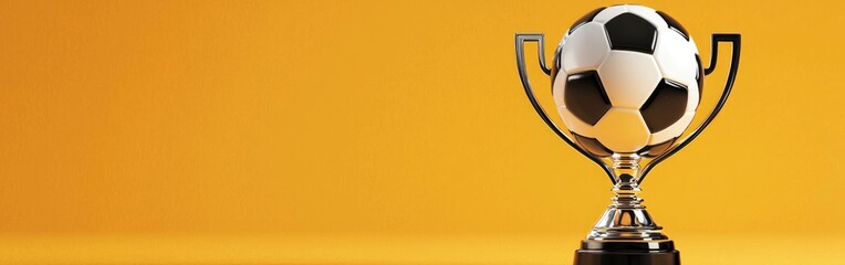 A shiny trophy featuring a classic black and white soccer ball against a vibrant yellow background.