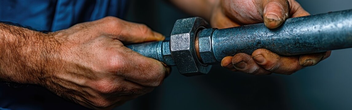A skilled tradesperson expertly tightening a metal pipe using a wrench in a focused manner. - Powered by Adobe
