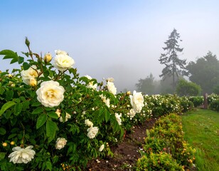 Misty morning garden featuring white roses and a tall evergreen