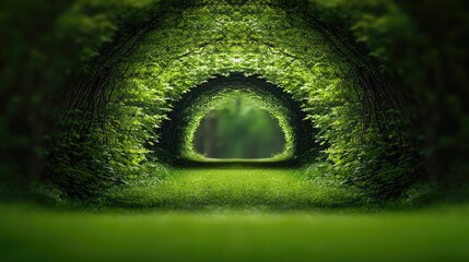 Fototapeta premium Enchanting forest road with symmetrical trees creating a magical tunnel effect bathed in soft green light