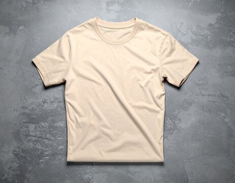 Folded beige t-shirt on gray table, fashion flat lay simplicity