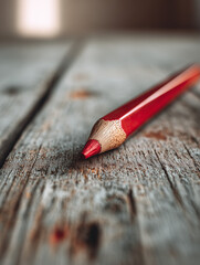 Carpenter’s pencil macro shot | Red sharpened pencil resting on aged wood with natural blur | Rustic workspace detail | Tool and craftsmanship concept image