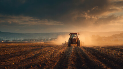 Tractors plowing farmland at sunset in a dusty rural landscape