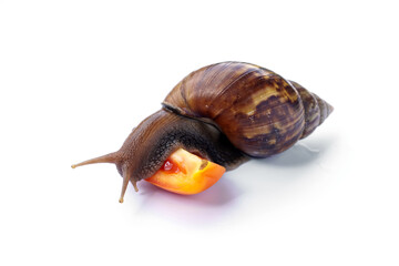 Light brown giant african snail - Achatina fulica are eating tomato halves food isolated on white background.