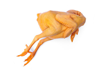 Retired egg-laying hens yellow meat. Fresh raw whole thai country chicken from fresh market in Thailand isolated on white background.
