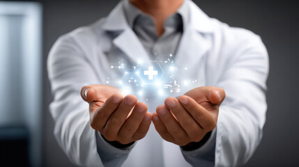 Doctor hands holding glowing medical symbol, healthcare innovation, futuristic technology, hospital, wellness professional care