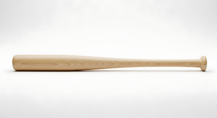 A light brown wooden baseball bat lying horizontally on a plain white surface in a studio setting ai generated
