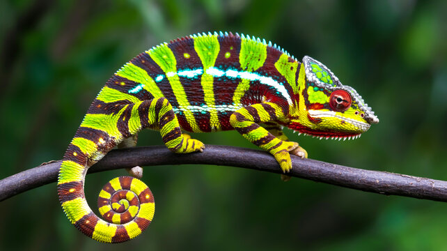 A close-up photograph of a vibrant Panther Chameleon perched on a dark brown branch against a blurred green background