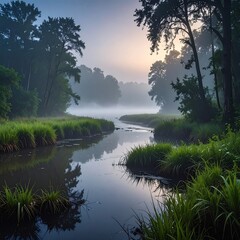 Misty morning scene showing a river winding through lush green grasses