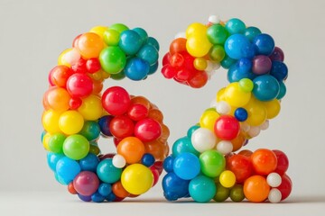 Colorful Number 62 Made of Playful Bouncy Balls and Orbs
