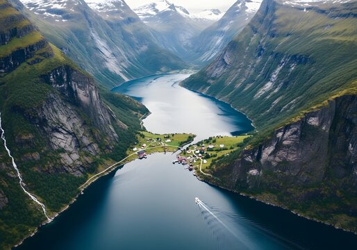 Aerial view of dramatic mountain fjord with narrow waterway village and boat wake - Powered by Adobe