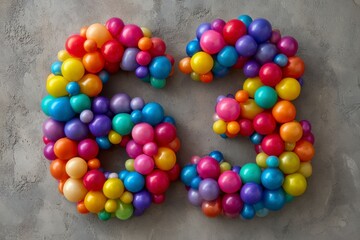 Colorful Balloon Art Displaying Number Sixty Three on Gray Background