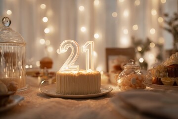 Elegant 21st Birthday Cake Surrounded by Festive Decorations