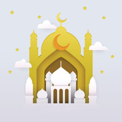 Serene golden mosque illuminated under a starry night sky