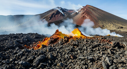 Aerial view of volcanic landscape with lava flow and smoke rising from the mountain peak ai generated