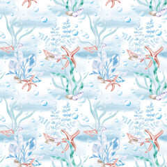 Naklejka premium A seamless pattern with seaweed, shells, and starfish on a soft blue background. A fairytale-style watercolor illustration for decorating children's rooms, swimming pools, and fabric printing.