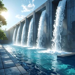 Modern architectural structure with flowing water and a reflecting pool