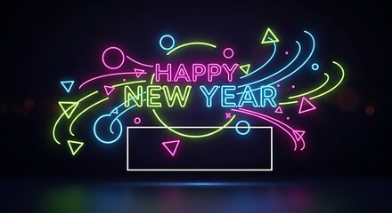 Bright neon sign wishing a happy new year with colorful geometric shapes and a blank rectangle for custom text or logo on a dark background