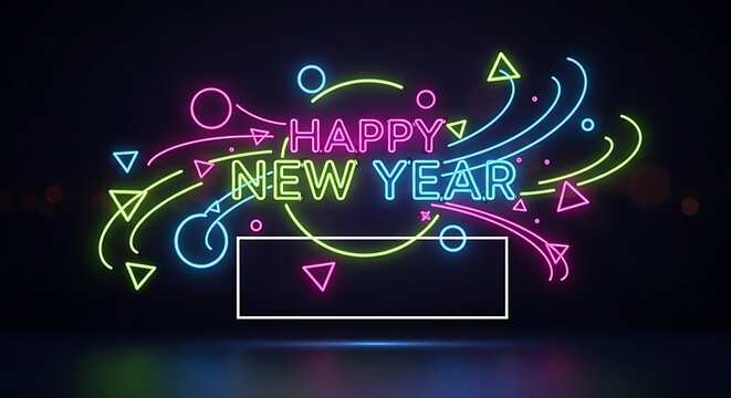 Bright neon sign wishing a happy new year with colorful geometric shapes and a blank rectangle for custom text or logo on a dark background