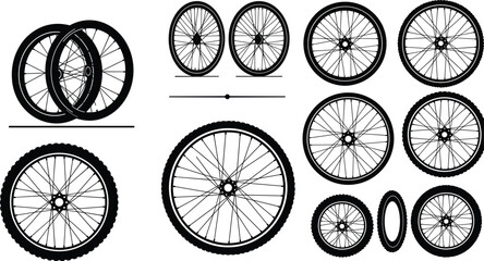 Collection of bicycle wheels and tires with spoke patterns, vector illustration showing detailed mechanical parts and realistic cycling design