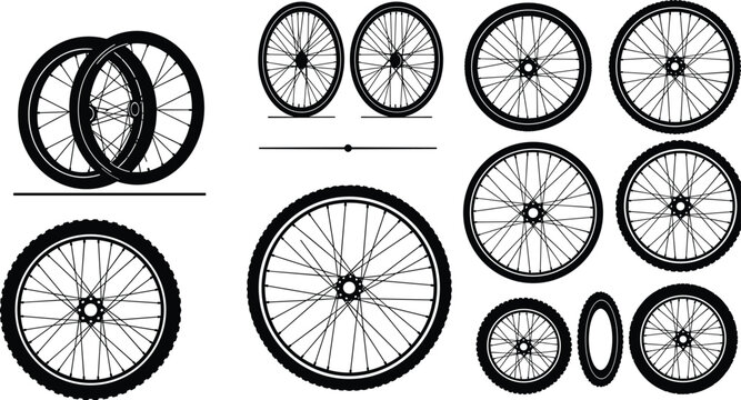 Collection of bicycle wheels and tires with spoke patterns, vector illustration showing detailed mechanical parts and realistic cycling design