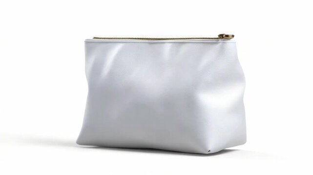 A white rectangular zippered pouch with a textured surface standing on a white plane