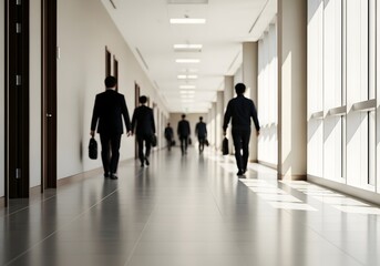 Business professionals walking in bright modern office corridor with natural light