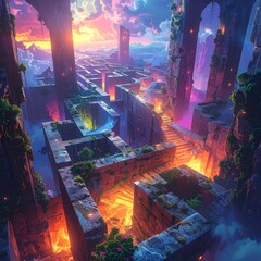 Maze in a mystical landscape, with glowing magma and colorful sky
