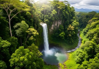 Aerial view of tropical waterfall cascading into emerald pool surrounded by lush forest