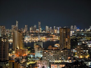 Obraz premium bright skyline over water, skyline at night with glowing waterfront and towering buildings