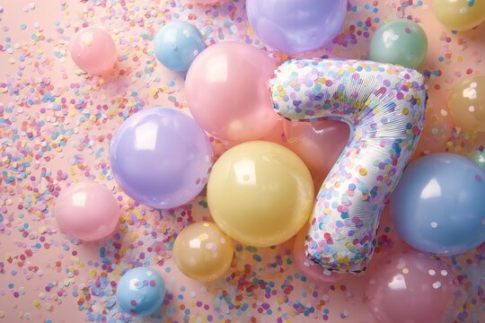 Colorful Balloons and Confetti Celebrating a 7th Birthday Party