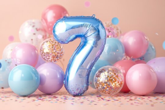 Colorful Balloons and Glittery Decoration for Seventh Birthday Party