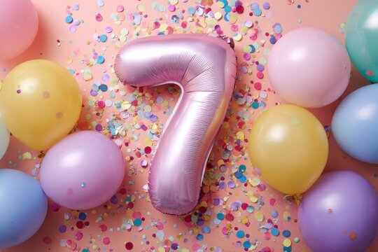 Festive celebration scene featuring pink number seven balloon and confetti